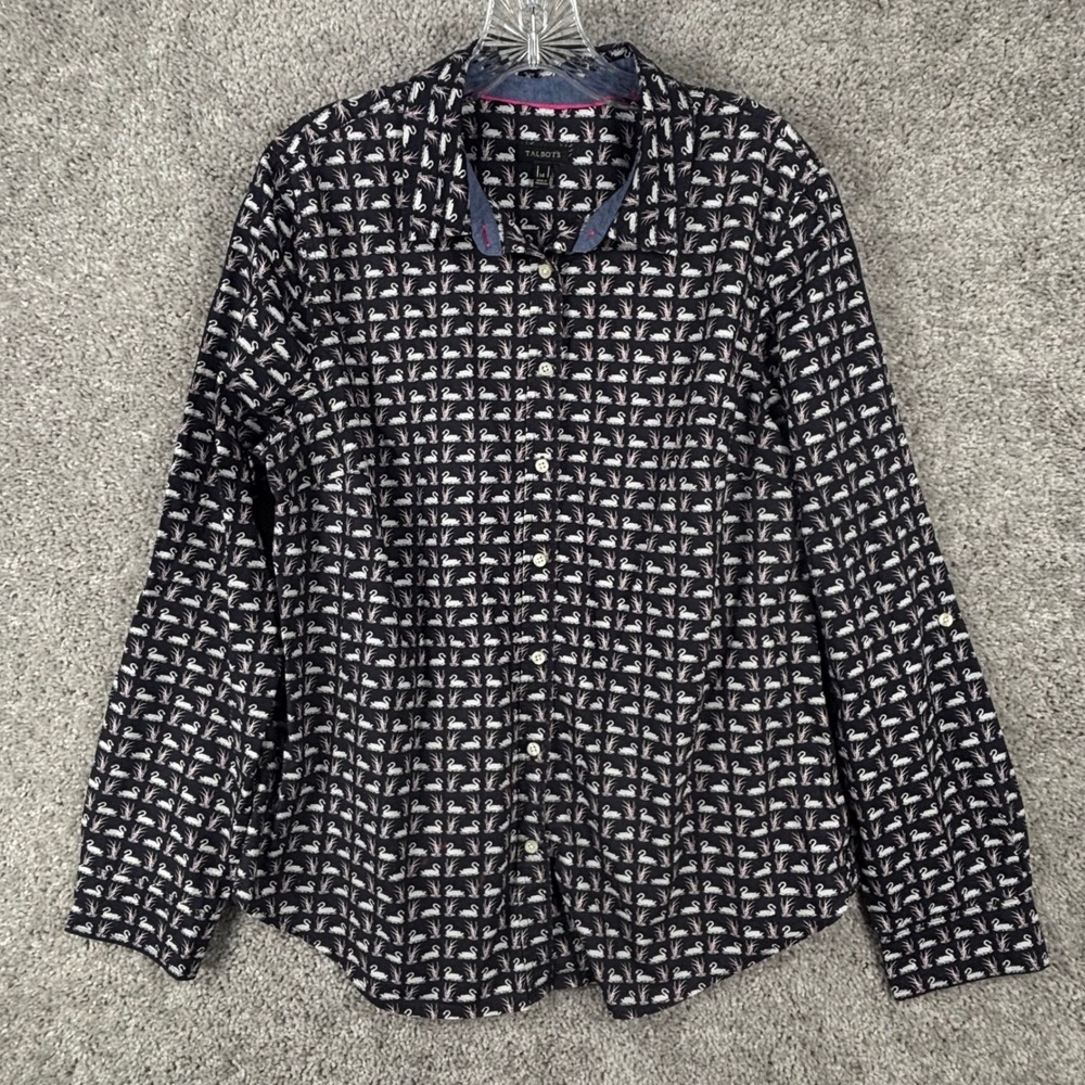 Talbots Womens 14 Navy Blue Swan Print Cotton Button Down Long Sleeve Shirt